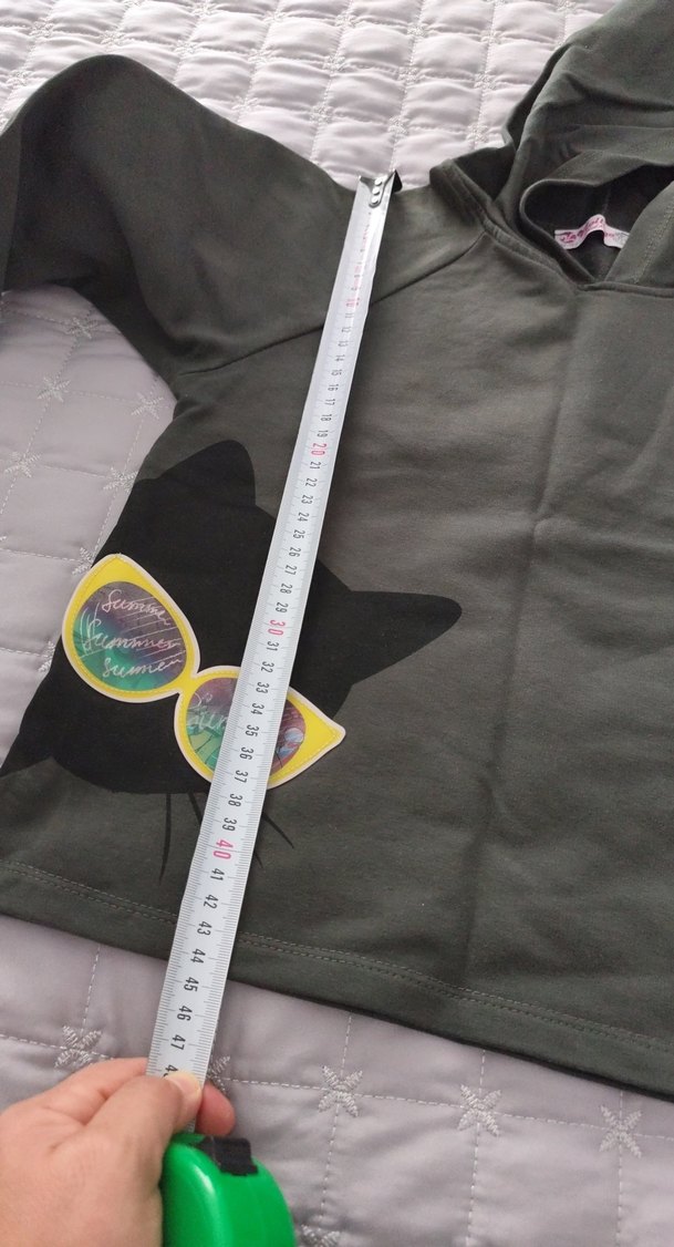 Gri Kapüşonlu Kedi Desenli Sweatshirt - Görsel 4