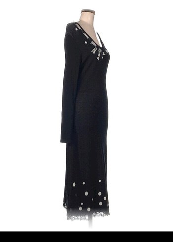 Boncuk İşlemeli Uzun Siyah Triko Elbise - Görsel 2