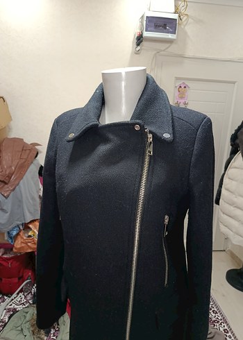 Siyah Uzun Kollu Fermuarlı Biker Kadın Kaban - Görsel 3