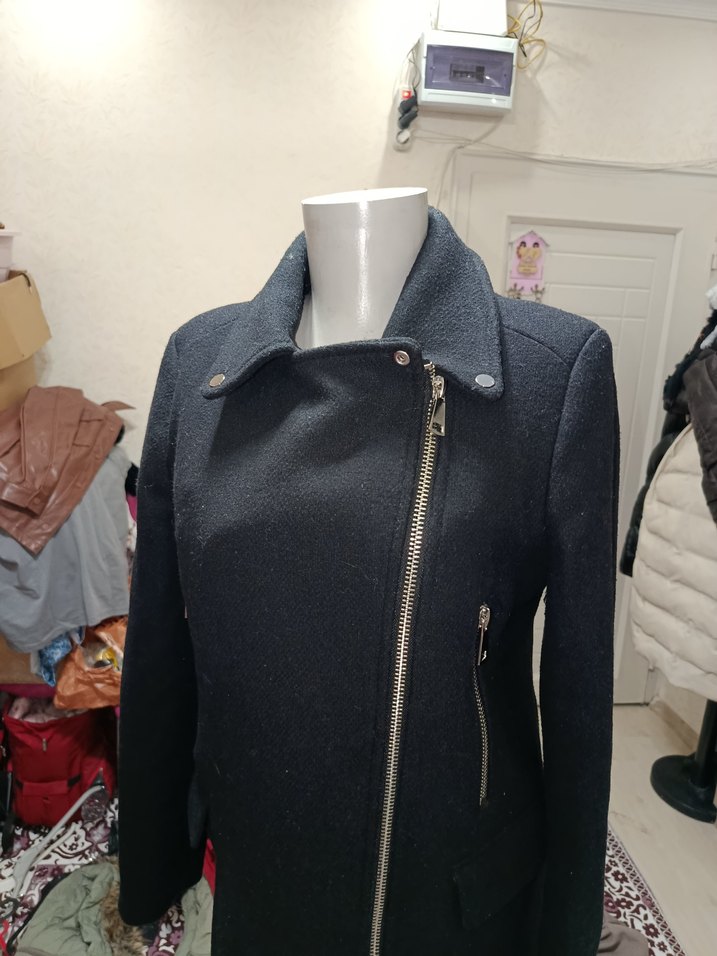 Siyah Uzun Kollu Fermuarlı Biker Kadın Kaban - Görsel 3