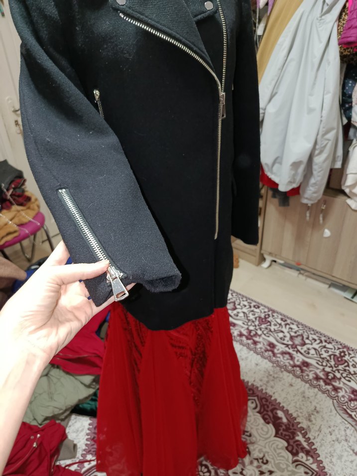 Siyah Uzun Kollu Fermuarlı Biker Kadın Kaban - Görsel 2