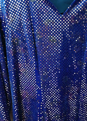 Uzun Kollu, V Yakalı Mavi Parlak Elbise - Görsel 2