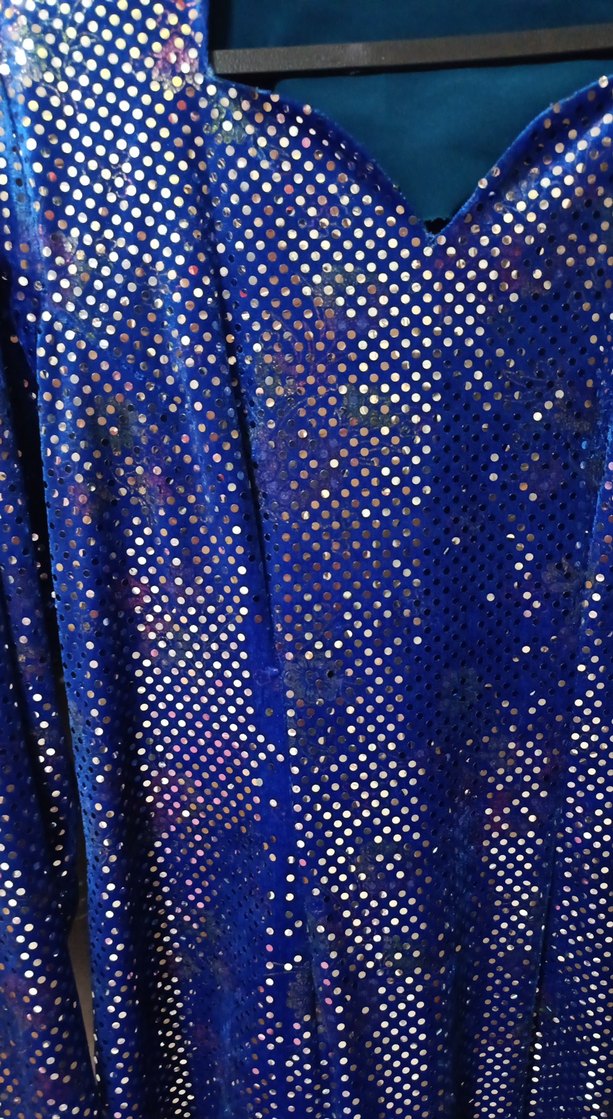 Uzun Kollu, V Yakalı Mavi Parlak Elbise - Görsel 2