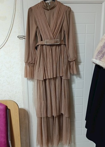 Bej Uzun Kollu Pliseli Kadın Elbise - Görsel 2