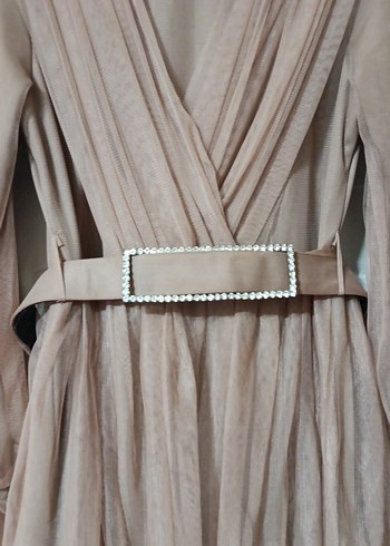 Bej Uzun Kollu Pliseli Kadın Elbise - Görsel 3