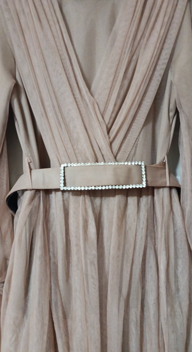 Bej Uzun Kollu Pliseli Kadın Elbise - Görsel 3