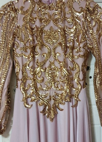 Nakışlı Pembe Uzun Kollu Uzun Abiye Elbise - Görsel 2