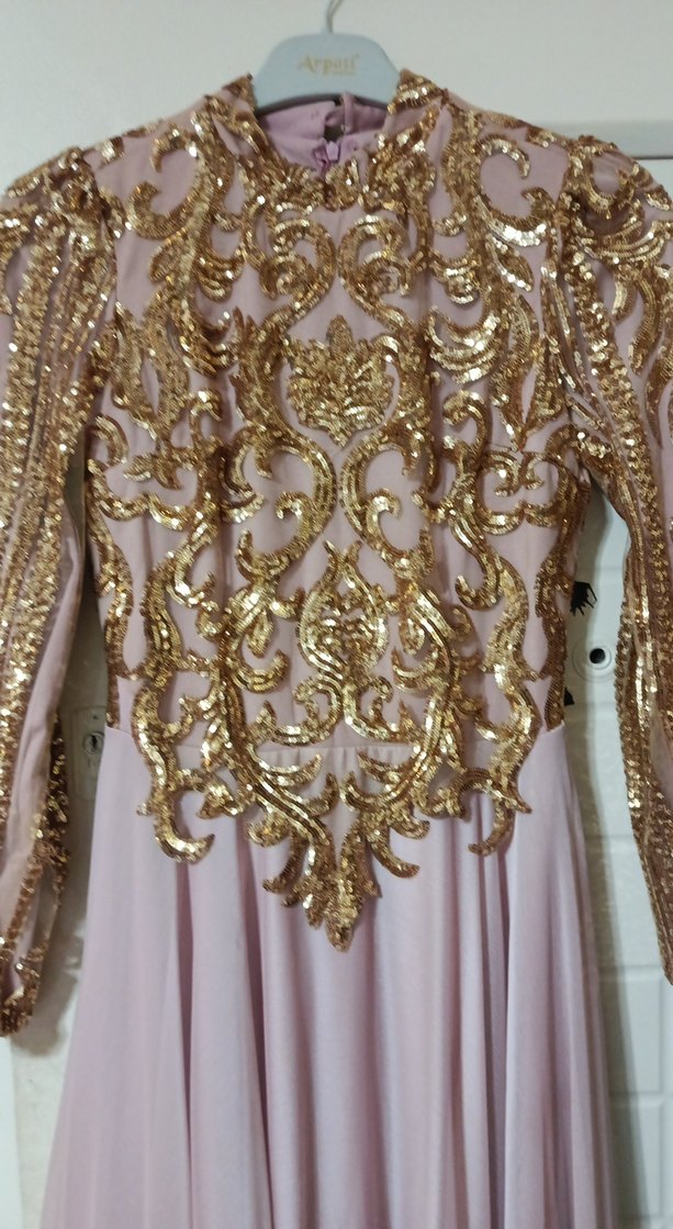 Nakışlı Pembe Uzun Kollu Uzun Abiye Elbise - Görsel 2