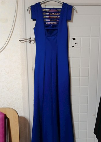 Mavi Uzun Drapeli Kadın Abiye Elbise - Görsel 2