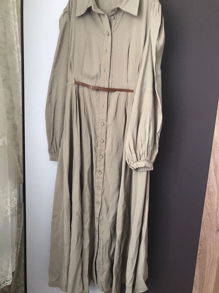 Bohem Tarz Uzun Açık haki  Elbise, Kemerli, Uzun Kollu - Görsel 3