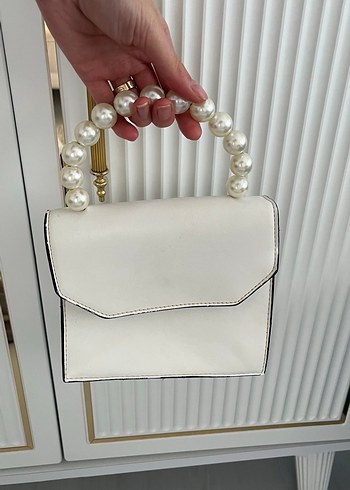 İnci Detaylı Beyaz Deri Kadın Çanta - Görsel 2