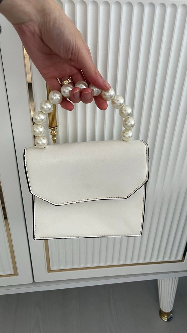 İnci Detaylı Beyaz Deri Kadın Çanta - Görsel 2