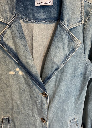 Düğmeli Uzun Mavi Denim Ceket - Görsel 2