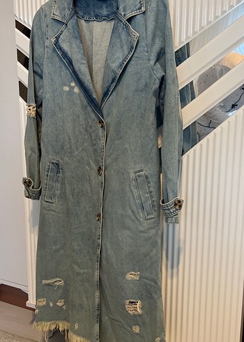 Düğmeli Uzun Mavi Denim Ceket - Görsel 3