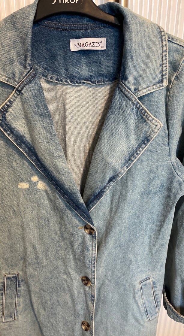 Düğmeli Uzun Mavi Denim Ceket - Görsel 2