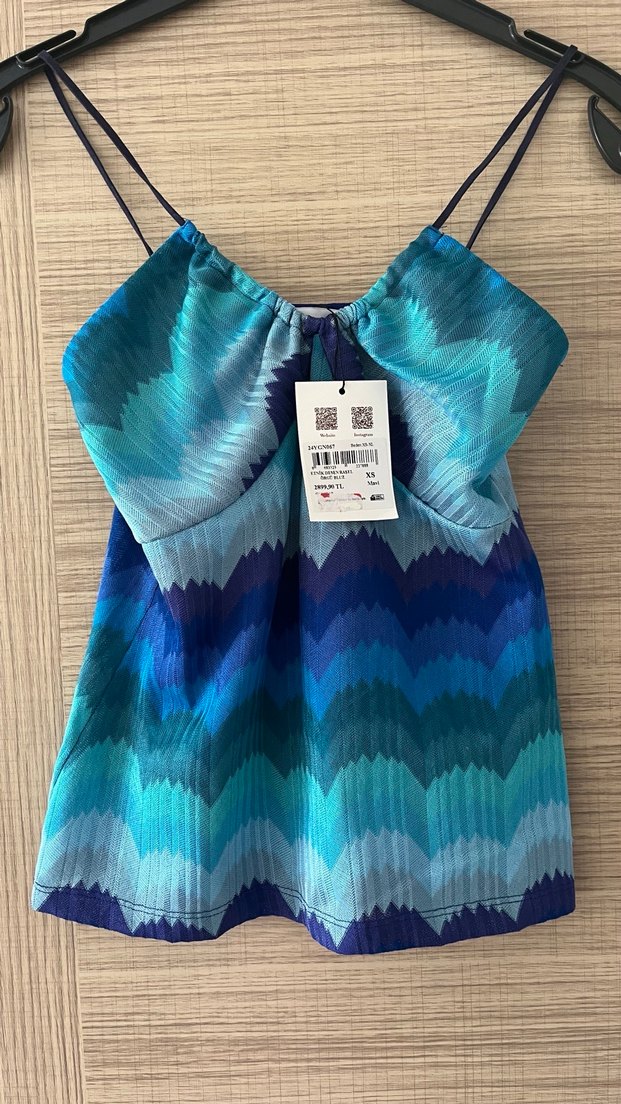 Mavi Pilili V Yaka Mini Bohem Atlet - Görsel 2