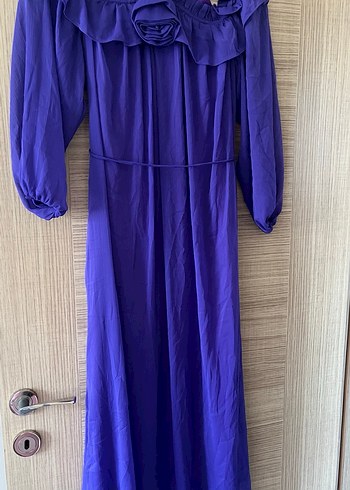 Mor V Yaka Uzun Kollu Pilili Kadın Elbise - Görsel 2