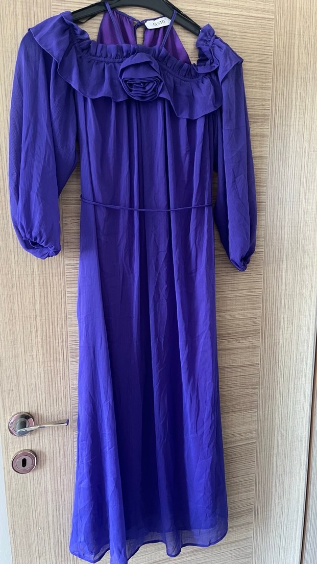 Mor V Yaka Uzun Kollu Pilili Kadın Elbise - Görsel 2