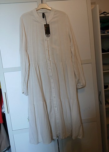 Beyaz Uzun Keten Bohem Elbise - Görsel 5