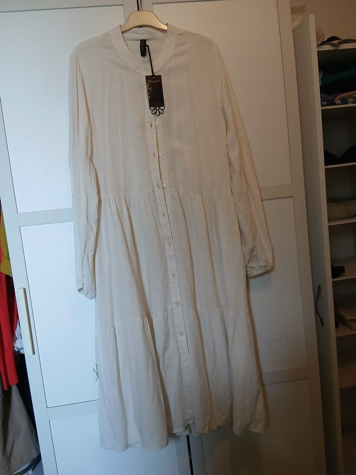 Beyaz Uzun Keten Bohem Elbise - Görsel 5