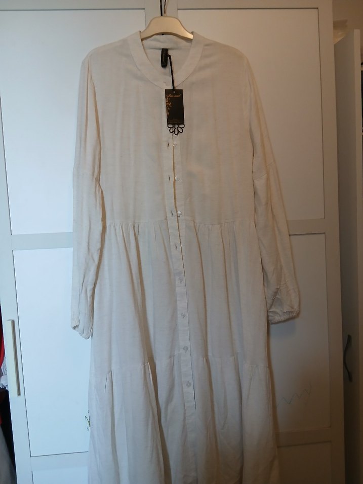 Beyaz Uzun Keten Bohem Elbise - Görsel 4