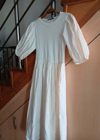 Beyaz Midi Keten Bohem Elbise - Görsel 3