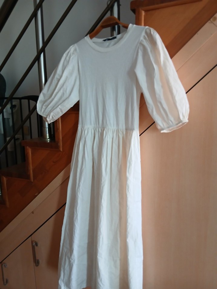 Beyaz Midi Keten Bohem Elbise - Görsel 3
