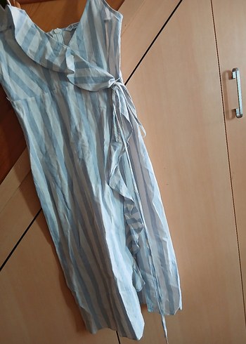 beyaz Çizgili V Yakalı Keten Midi Elbise - Görsel 2