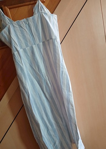 beyaz Çizgili V Yakalı Keten Midi Elbise - Görsel 3