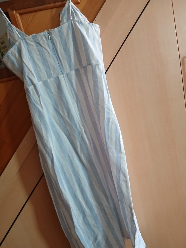 beyaz Çizgili V Yakalı Keten Midi Elbise - Görsel 3