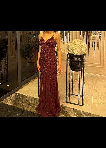 Bordo V Yaka Drapeli Midi Abiye Elbise - Görsel 3