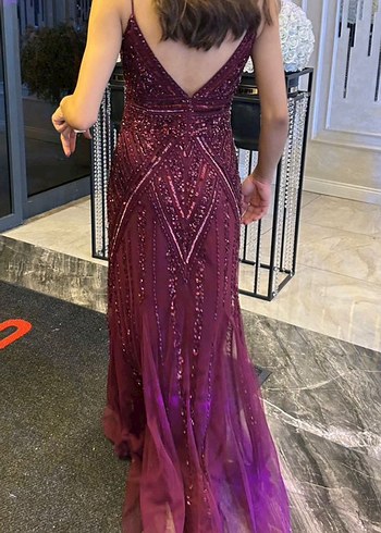 Bordo V Yaka Drapeli Midi Abiye Elbise - Görsel 2