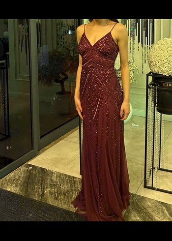 Bordo V Yaka Drapeli Midi Abiye Elbise - Görsel 4