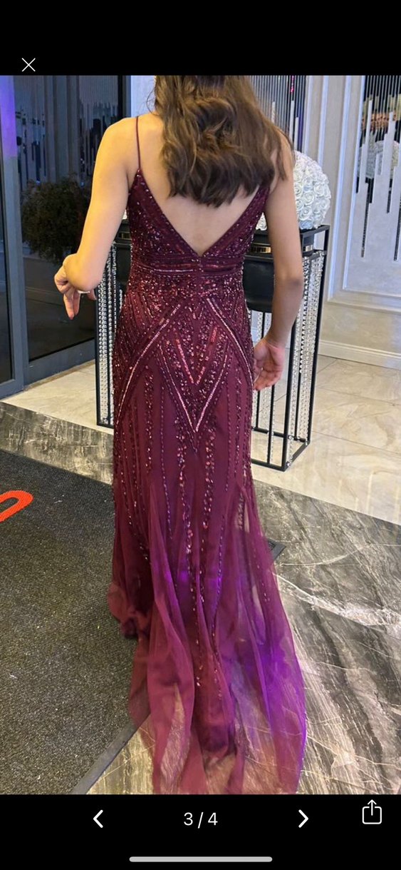 Bordo V Yaka Drapeli Midi Abiye Elbise - Görsel 2