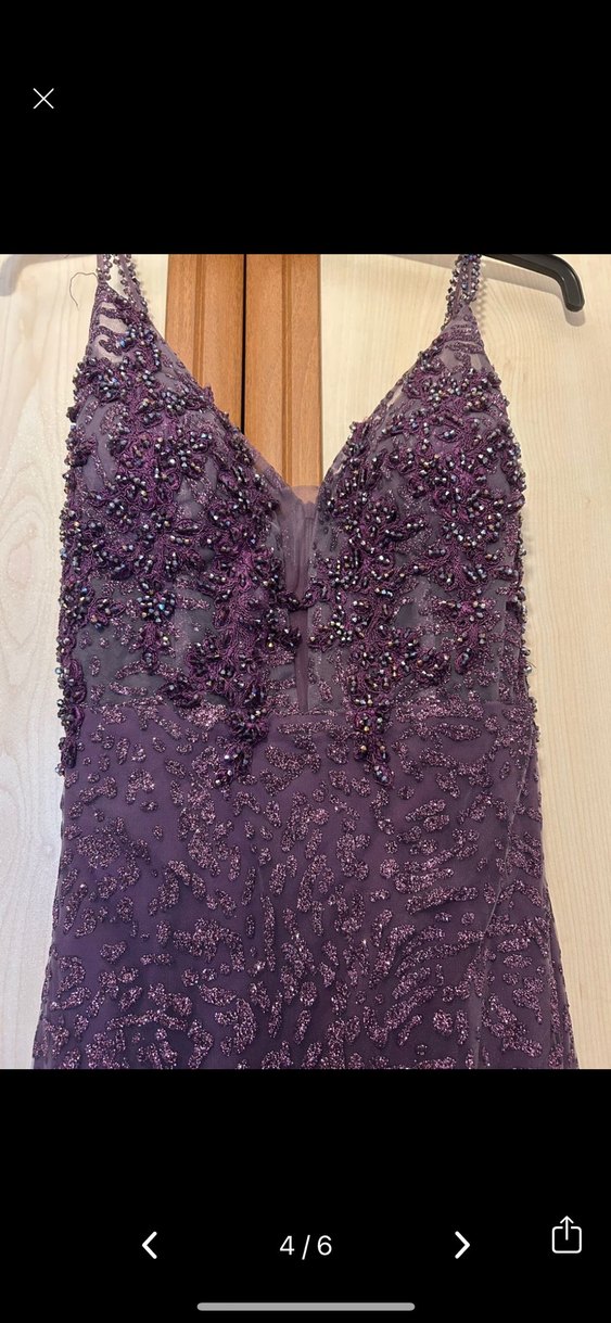 Mor V Yaka Dantel İşlemeli Uzun Abiye Elbise - Görsel 2