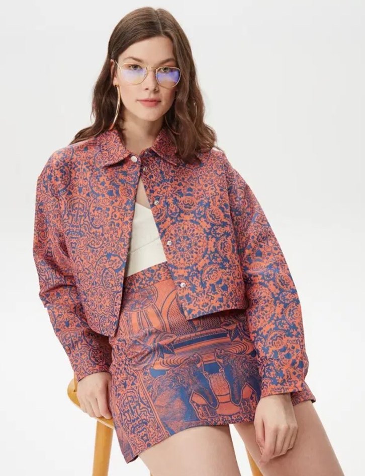 LES BENJAMİNS Bol Kesim, Yüksek Yaka, Baskılı Kadın Ceket - Görsel 2