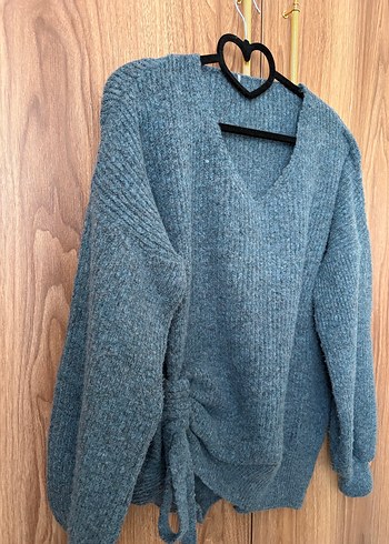 Gri V Yaka Örgü Salaş Kadın Kazak - Görsel 4