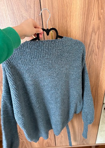 Gri V Yaka Örgü Salaş Kadın Kazak - Görsel 5