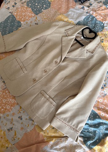 Düğmeli Bej Keten Kadın Blazer - Görsel 6