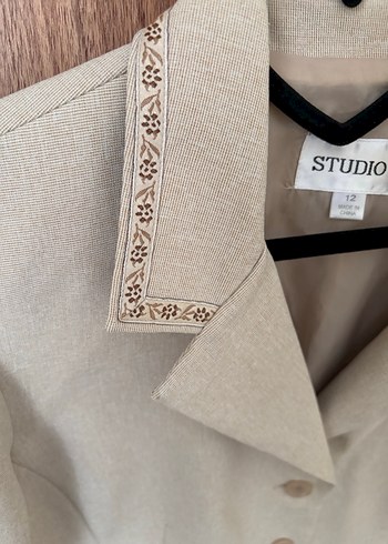 Düğmeli Bej Keten Kadın Blazer - Görsel 4