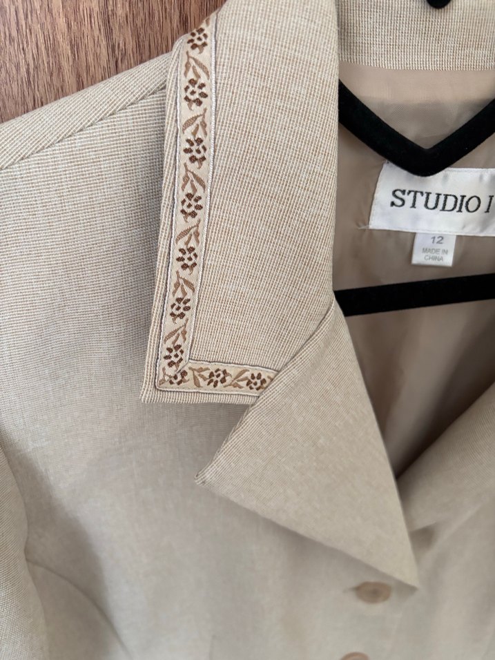 Düğmeli Bej Keten Kadın Blazer - Görsel 4