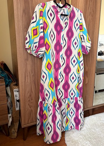 Renkli Bohem Mini Elbise V Yaka - Görsel 2