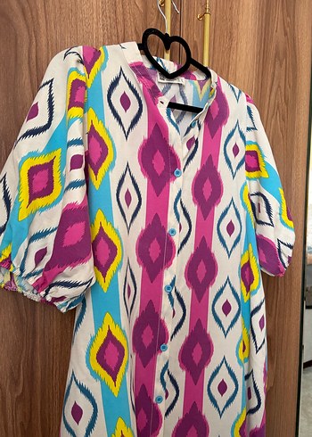 Renkli Bohem Mini Elbise V Yaka - Görsel 3