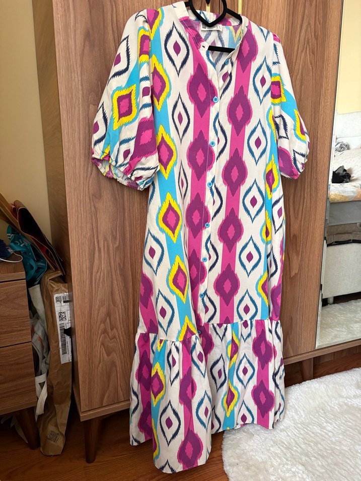 Renkli Bohem Mini Elbise V Yaka - Görsel 2