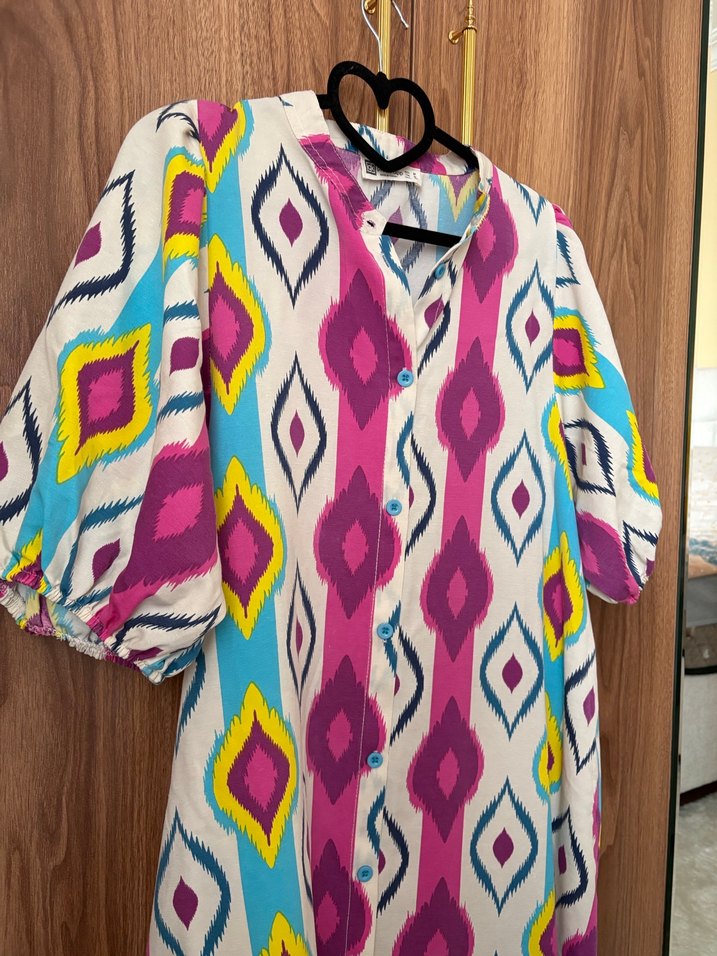 Renkli Bohem Mini Elbise V Yaka - Görsel 3