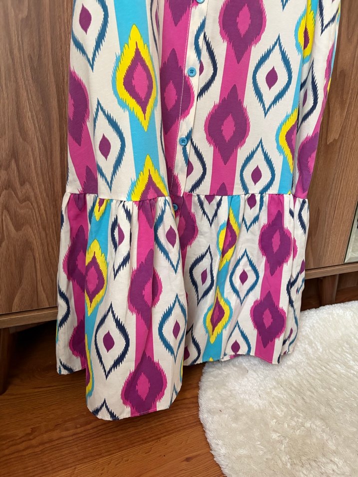 Renkli Bohem Mini Elbise V Yaka - Görsel 4