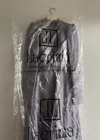 Gri Uzun Kollu Drapeli Kadın Abiye Elbise - Görsel 4