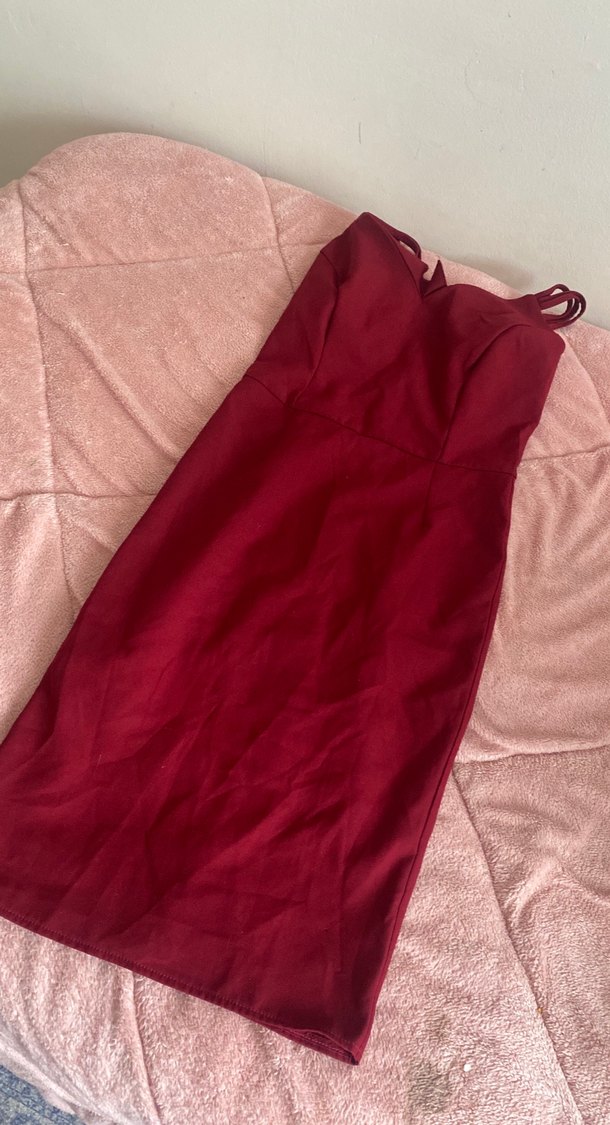 Bordo V Yakalı Midi Elbise - Görsel 2