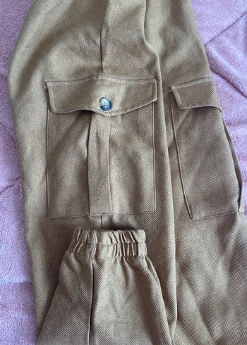 Bej Koton Keten Düğmeli Bol Kesim Kadın Pantolon - Görsel 3