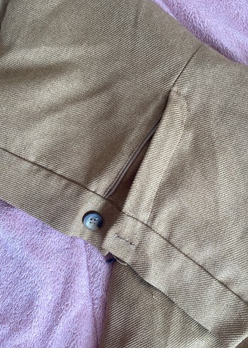 Bej Koton Keten Düğmeli Bol Kesim Kadın Pantolon - Görsel 4